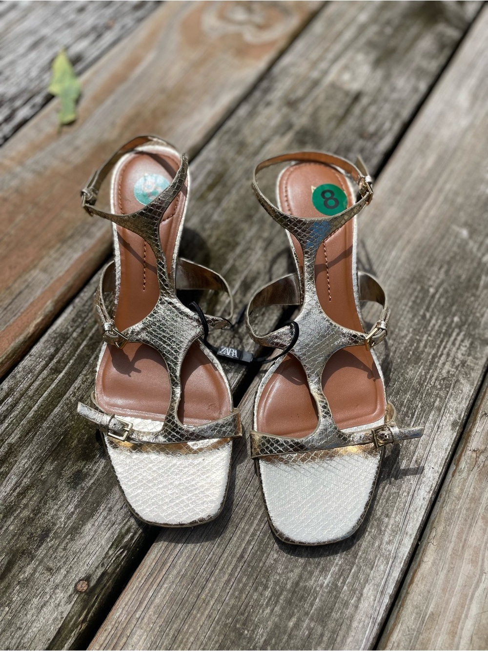 Zara Gold Metallic Snake-Embossed T-Strap Heels with White Toe